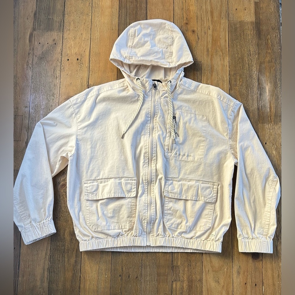 VOURI Vintage Cream Ripstop Utility Jacket with Hood Organic Cotton Cargo Pocket - Picture 8 of 14
